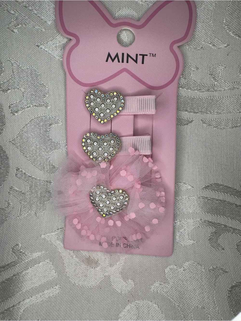 New Mint Pink Heart Rhinestone & Tulle Clip Trio for Kids